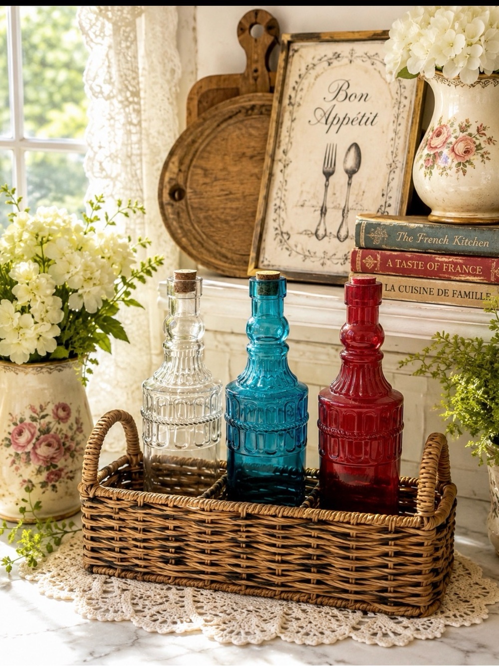 Vintage Trio Glass Bottles Decor Teal Red, & Clear 12” & Tan /Black Wicker Baske